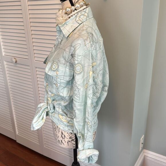RARE Lands End *LINEN* Sample Sale Map Geography Compas Aqua Utility  Shirt - Picture 5 of 12